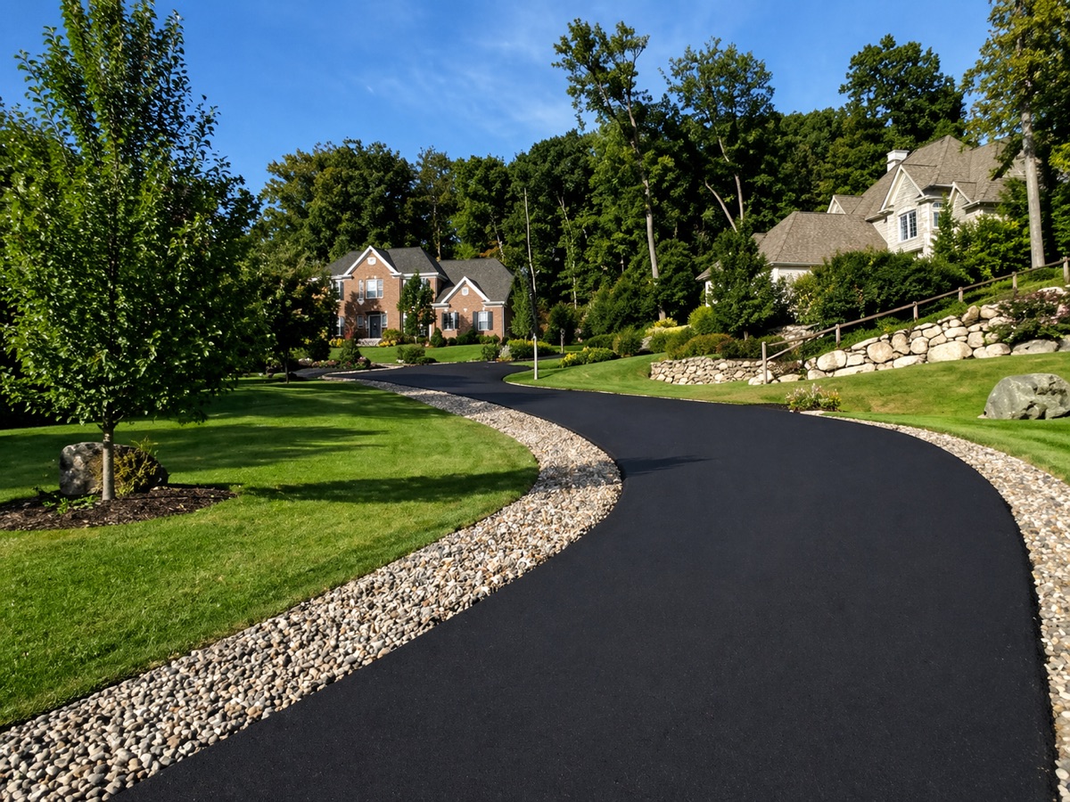 Freshly sealed curved driveway with stone borders