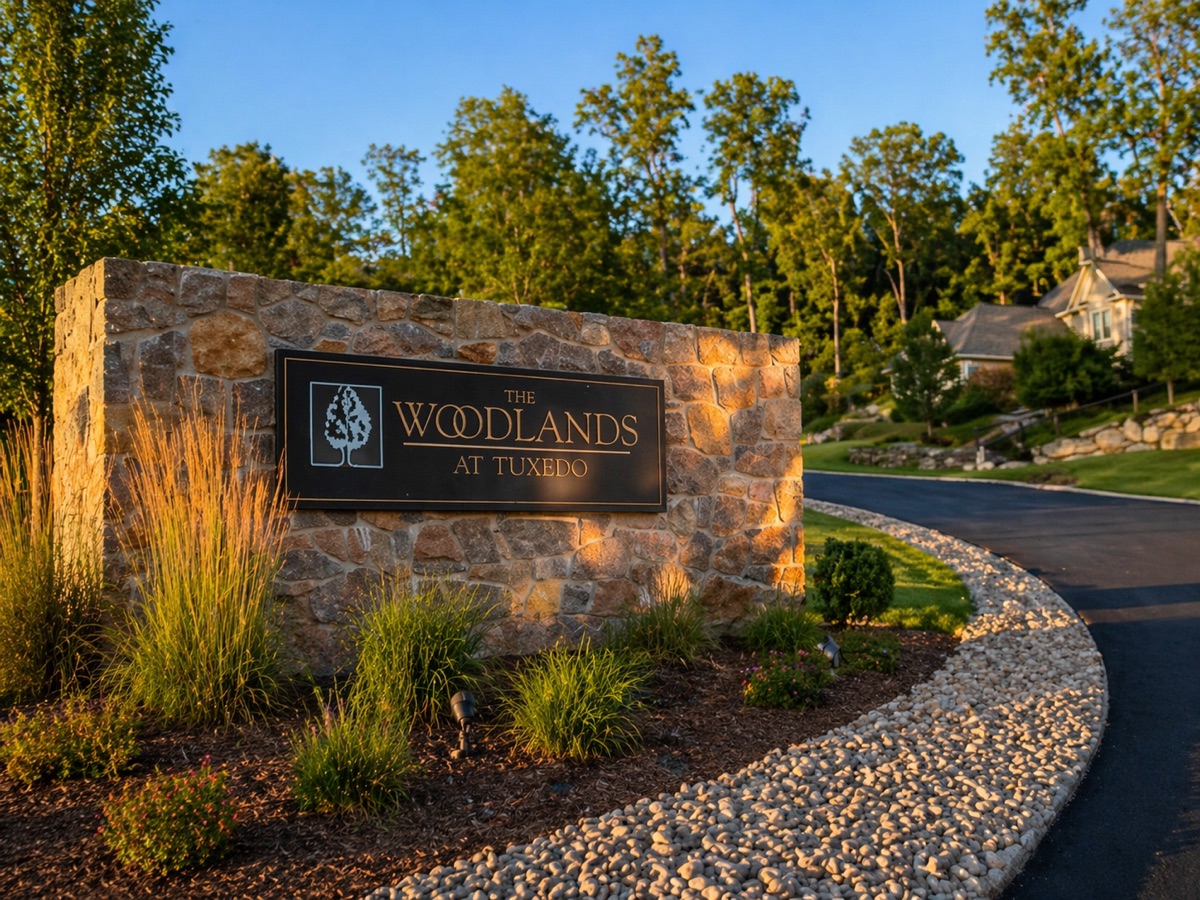 The Woodlands at Tuxedo community entrance with sealed driveway
