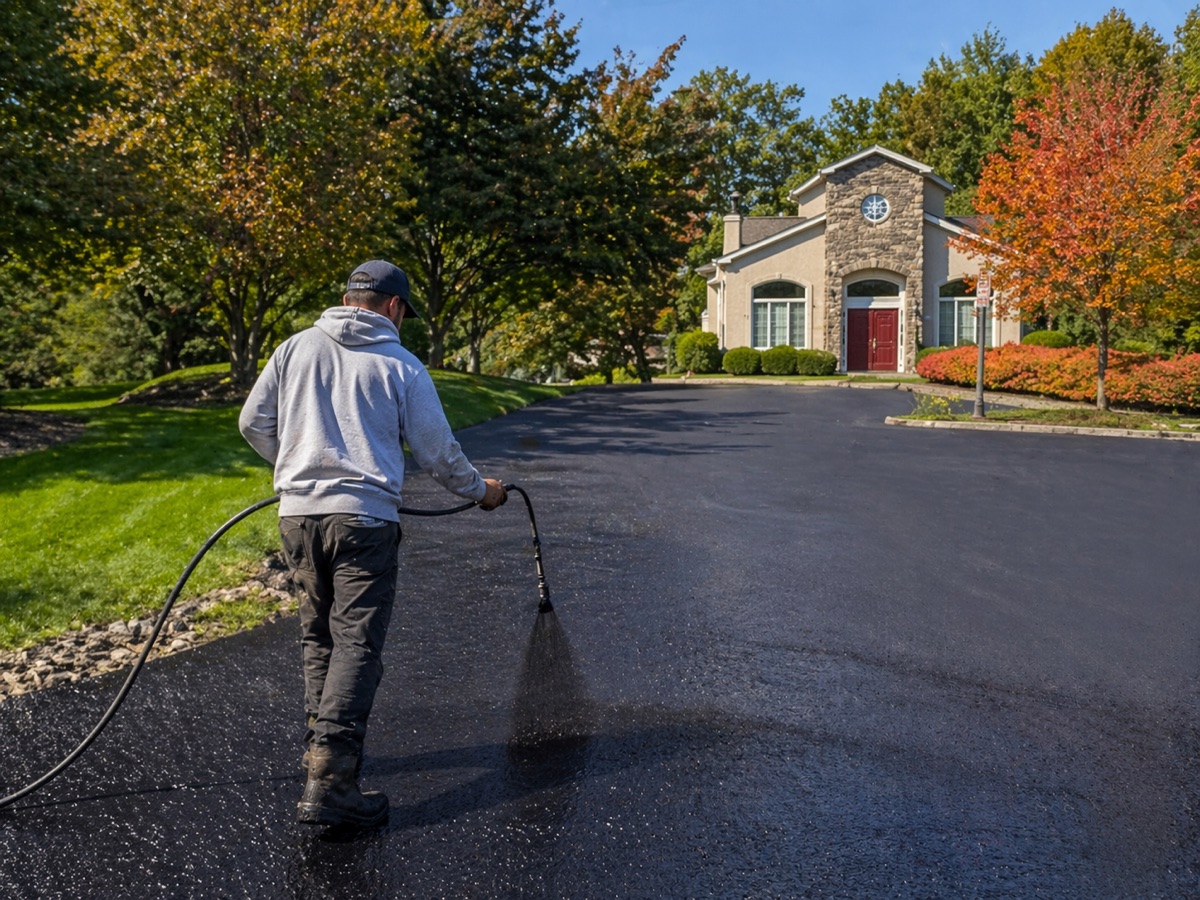 Worker applying sealcoat to a residential driveway